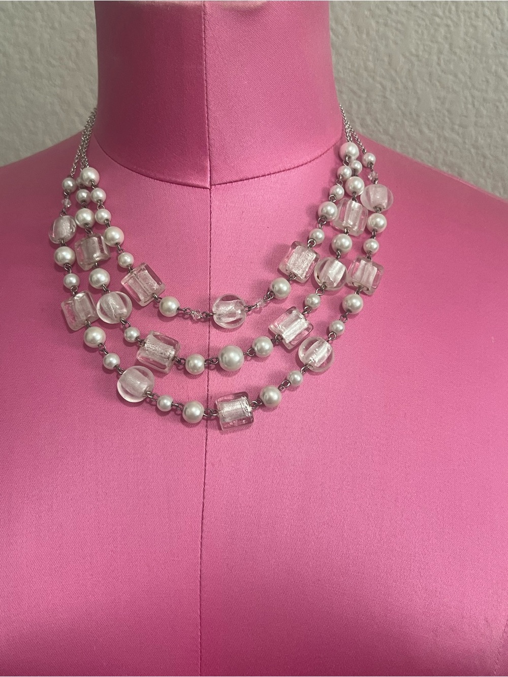 White House Black Market Clear and Silver Three-Strand Bead Necklace